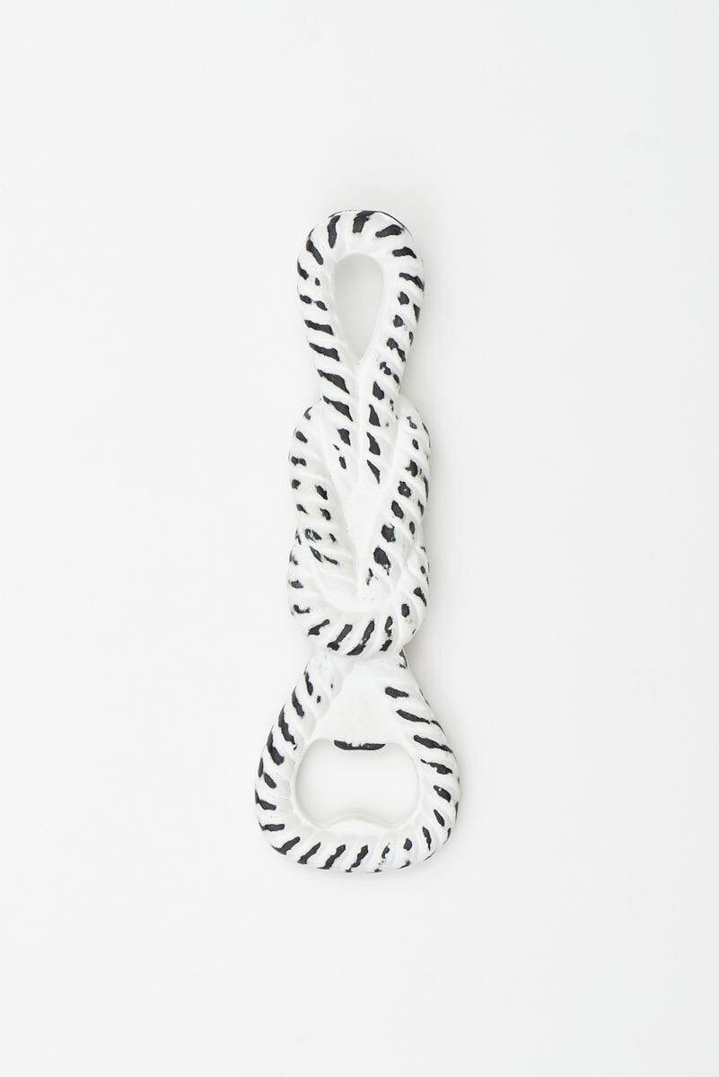 White wash metal bottle opener in a nautical square knot design 