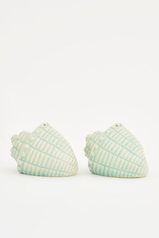 Set of aqua and white seashell-shaped salt and pepper shakers 