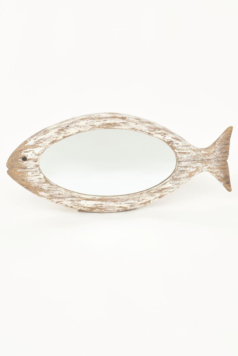 Decorative fish-shaped mirror with a wooden frame on a white background