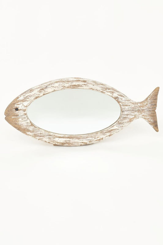 Decorative fish-shaped mirror with a wooden frame on a white background