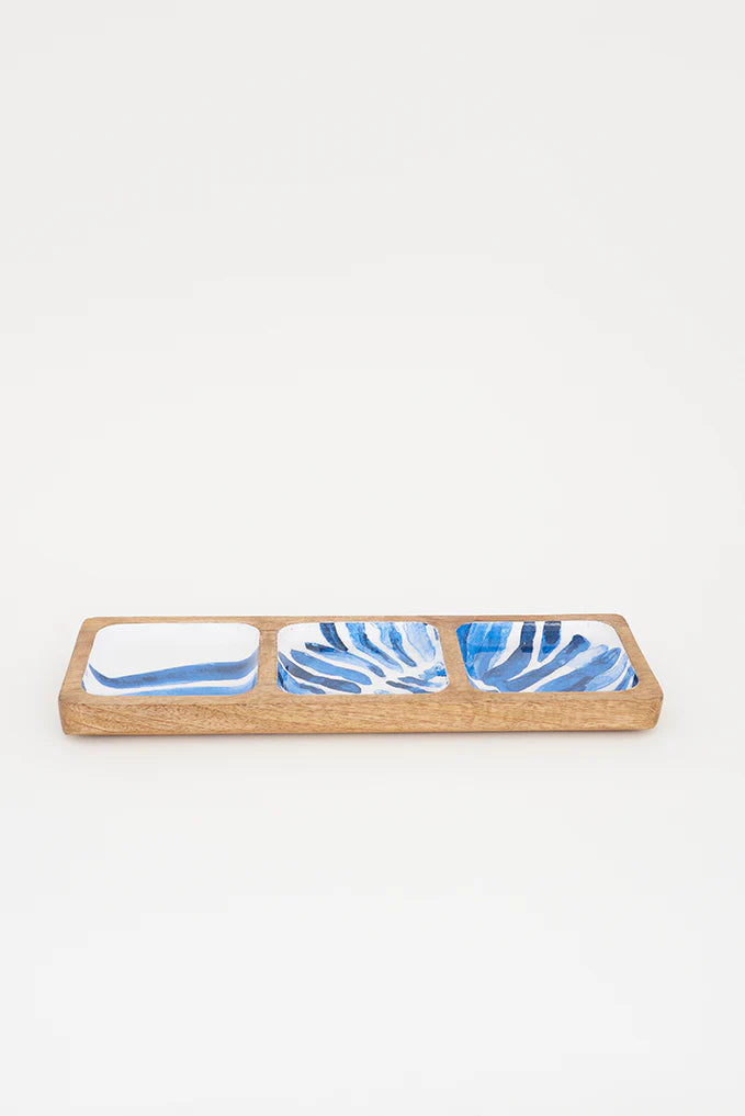Rectangular enamel-coated wooden tray with a printed shell design in blue and white colors, featuring three sections.