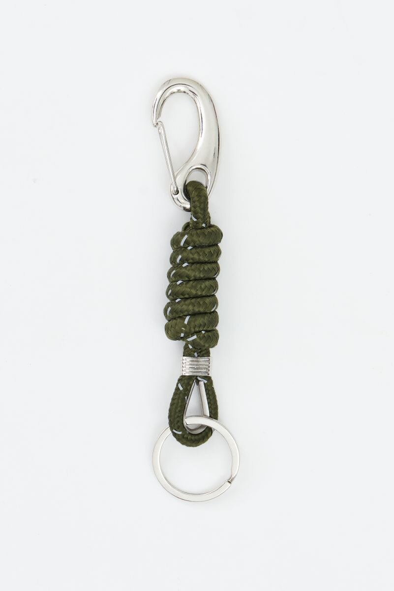 knotted Keychain in Olive Green and Grey sailors twine with silver metal carabiner and ring 