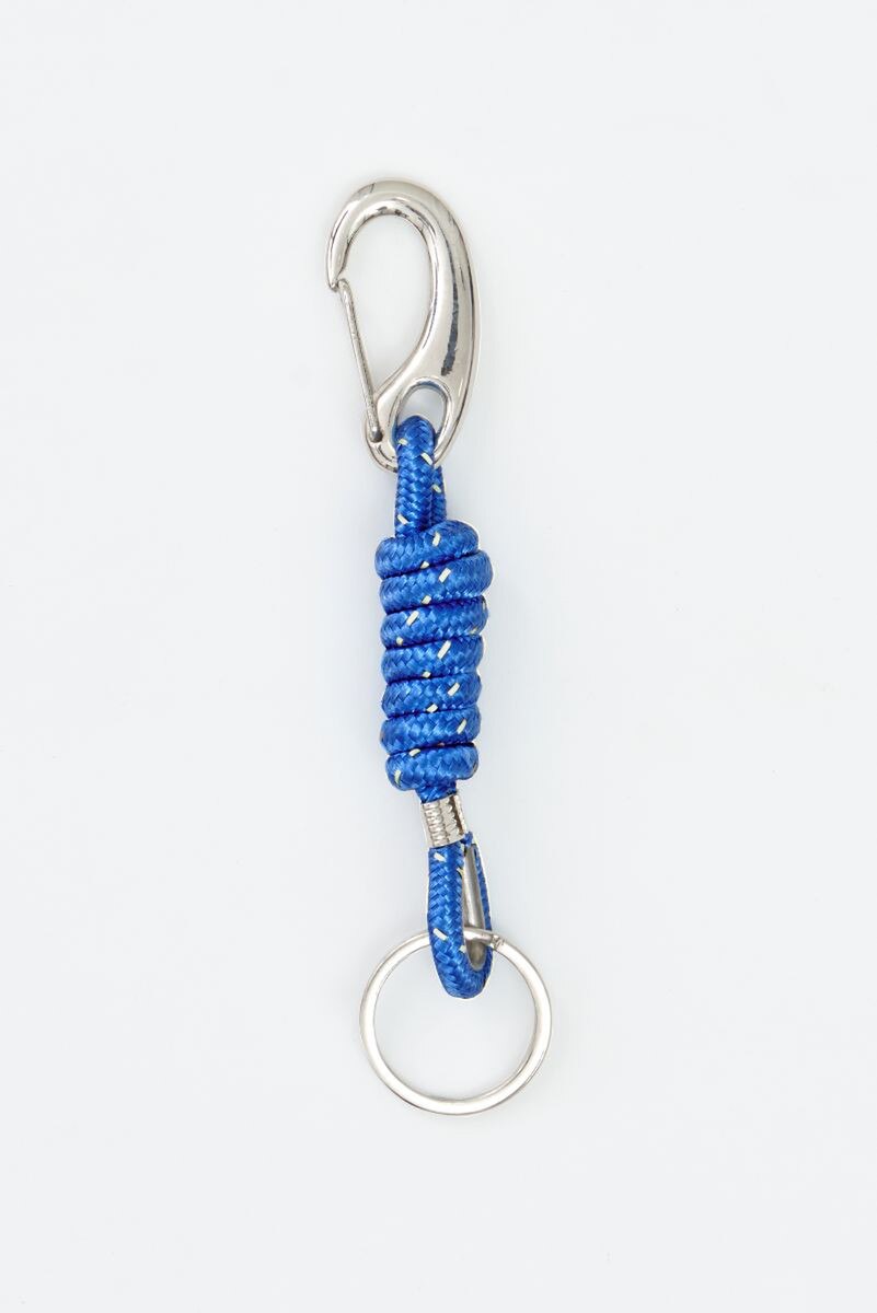 Knotted Blue sailors twine keychain with metal carabiner and ring 