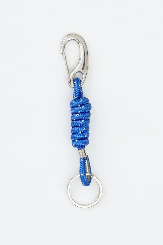 Knotted Blue sailors twine keychain with metal carabiner and ring 