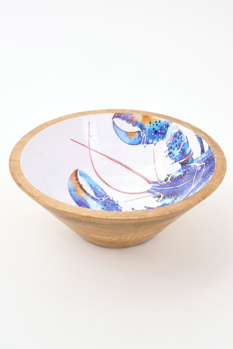 Wooden and enamel bowl with a colorful blue lobster design on a white background
