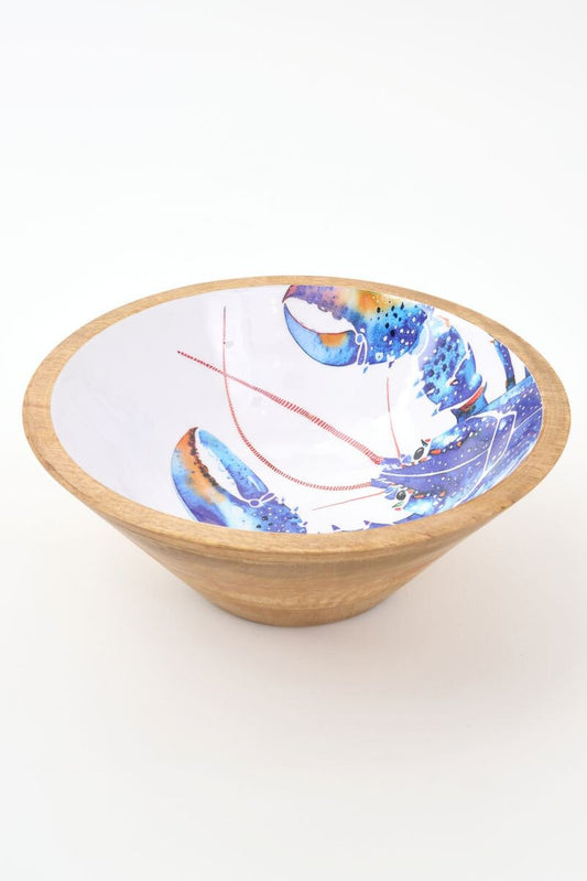 Wooden and enamel bowl with a colorful blue lobster design on a white background