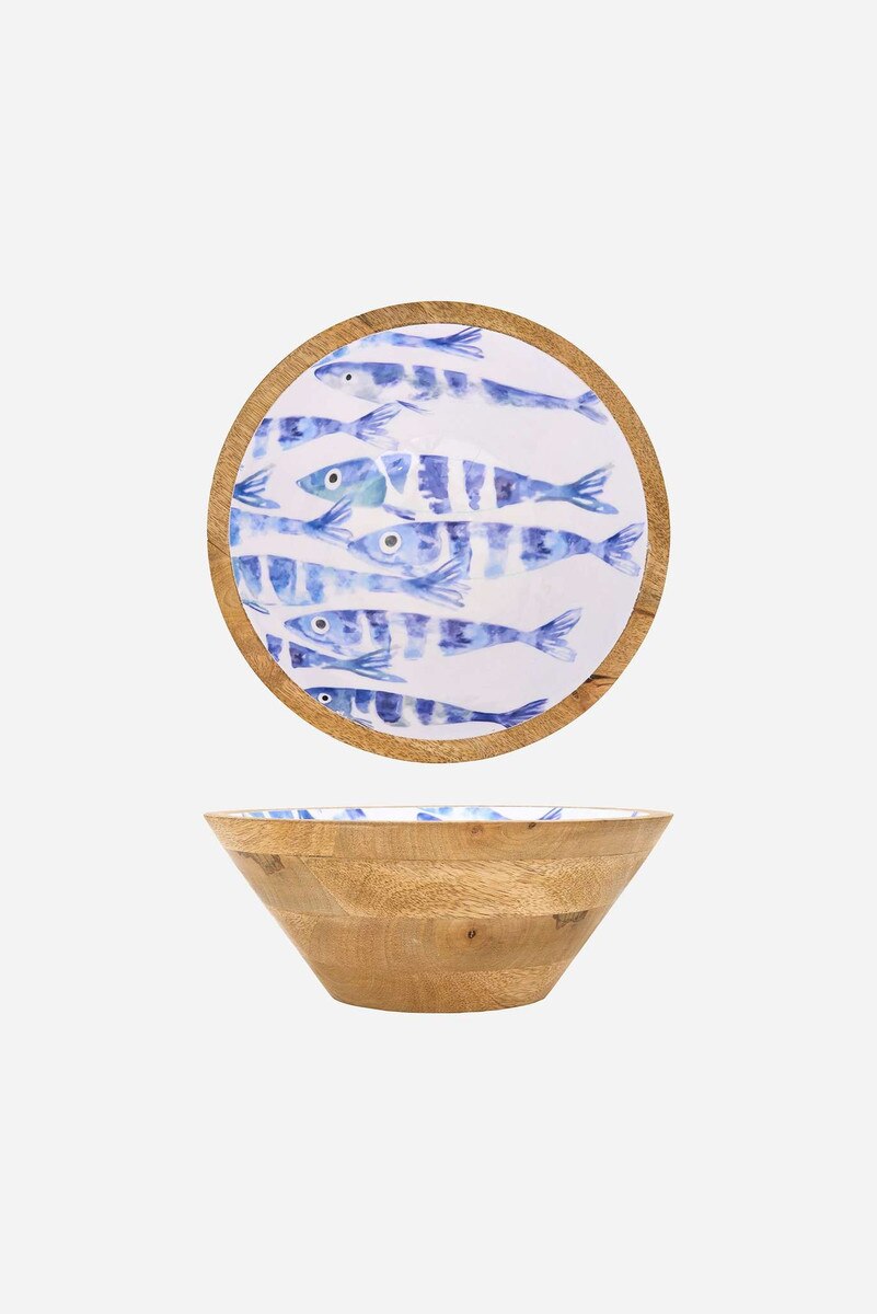 Wooden and enamel lidded-bowl with a blue fish pattern on a white background
