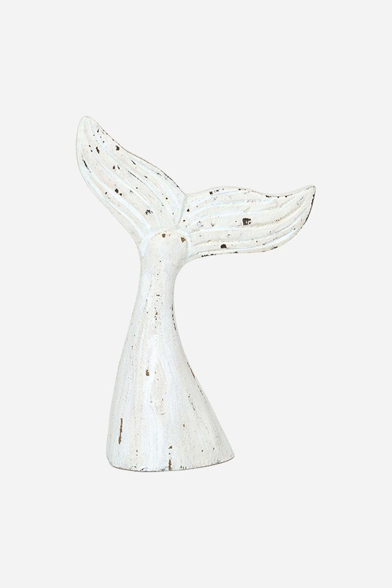 Wooden white wash whale tail sculpture