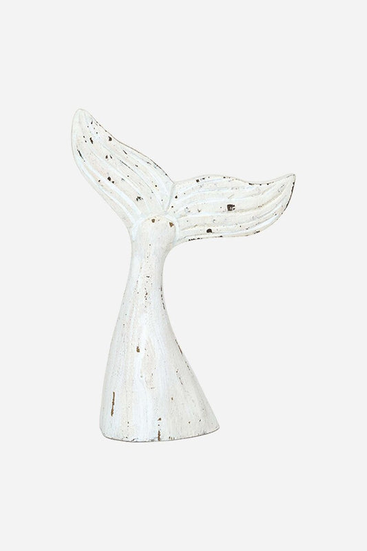 Wooden white wash whale tail sculpture