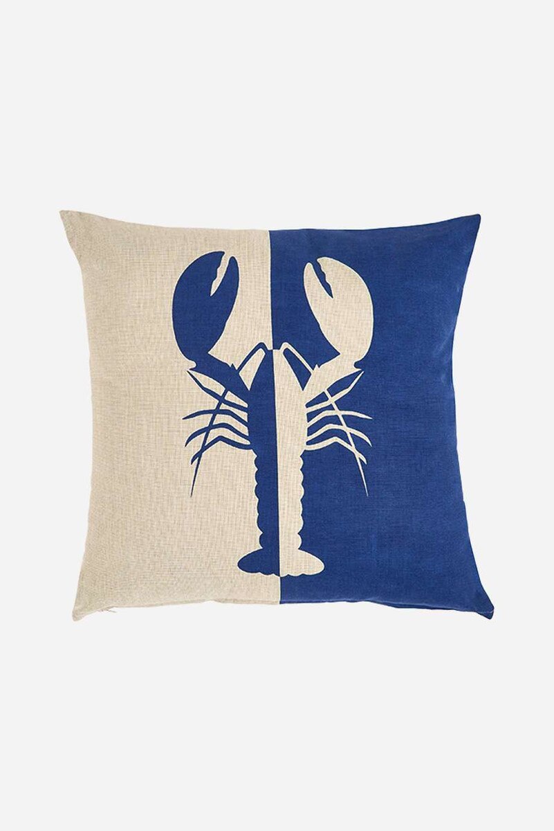Decorative pillow with a split design of a lobster on a beige and Navy blue background