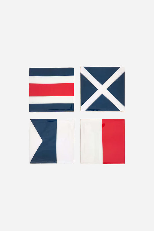 Set of four nautical flag coasters in red, white, and blue 