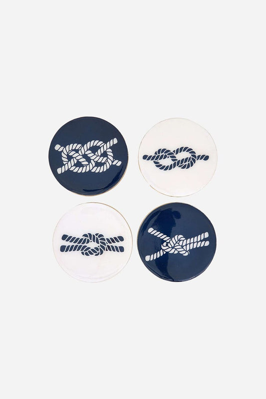 Set of Four resin coasters with nautical knot design in Navy and white 