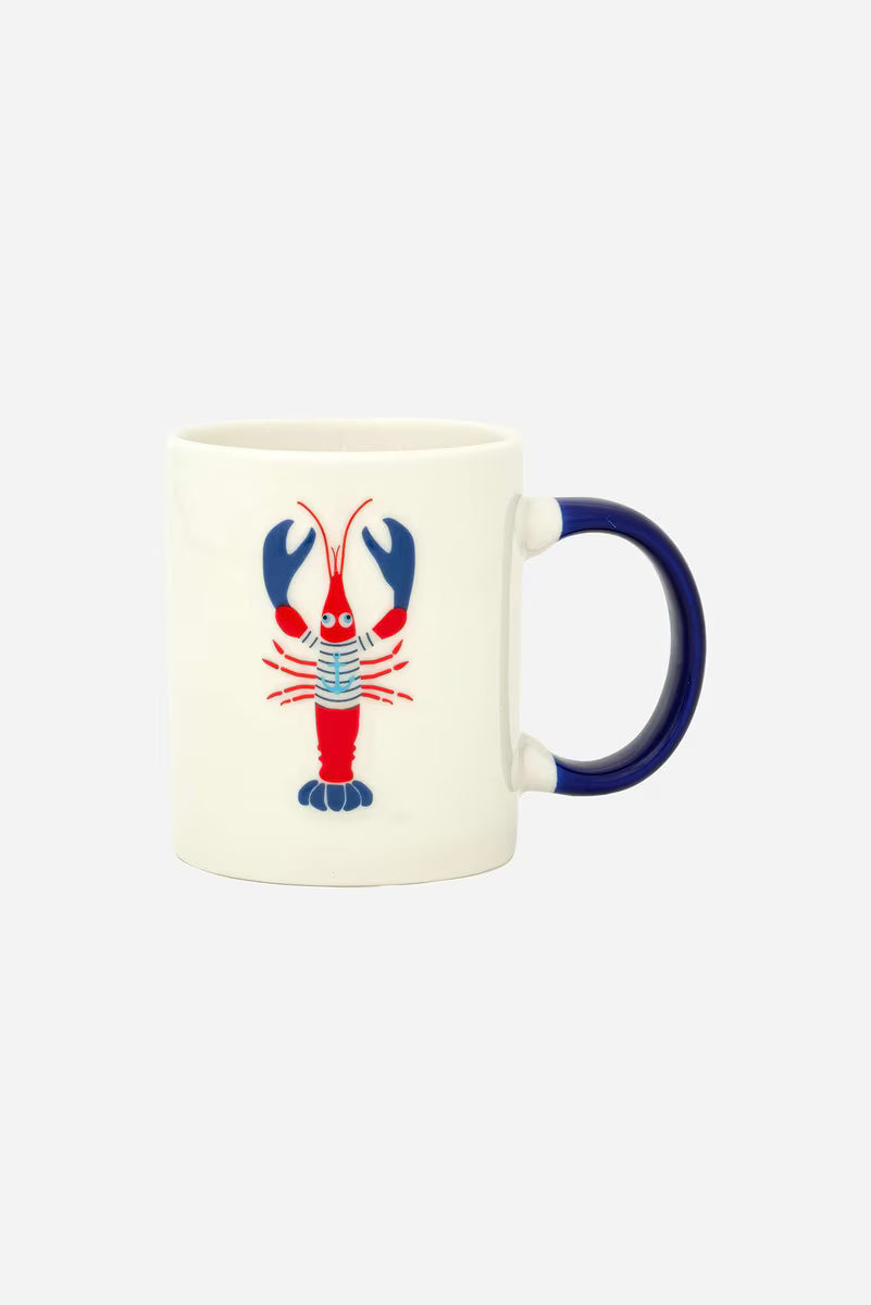 Ceramic coffee mug with a lobster design on a white background and a blue handle