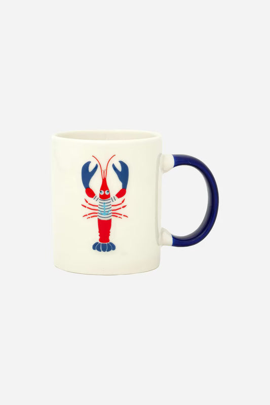 Ceramic coffee mug with a lobster design on a white background and a blue handle