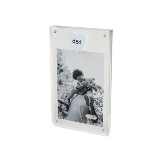Acrylic frame with etched heart and "dad' written on it