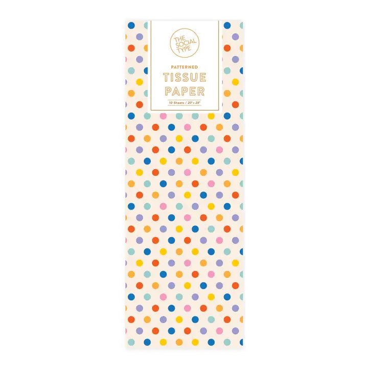 Pack of patterned tissue paper with rainbow colored polka dots on a white background