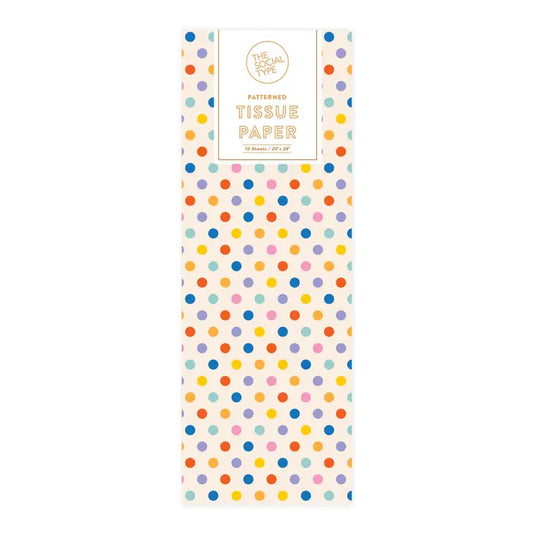 Pack of patterned tissue paper with rainbow colored polka dots on a white background