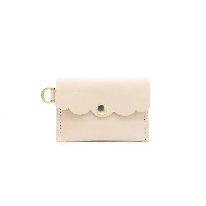 Natural leather mini wallet with scalloped flap, snap closure and side brass loop