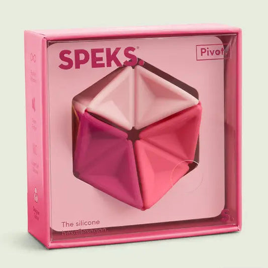 Speks Pivot silicone flexagon in magenta, light pink and pink packaged in magenta and pink box