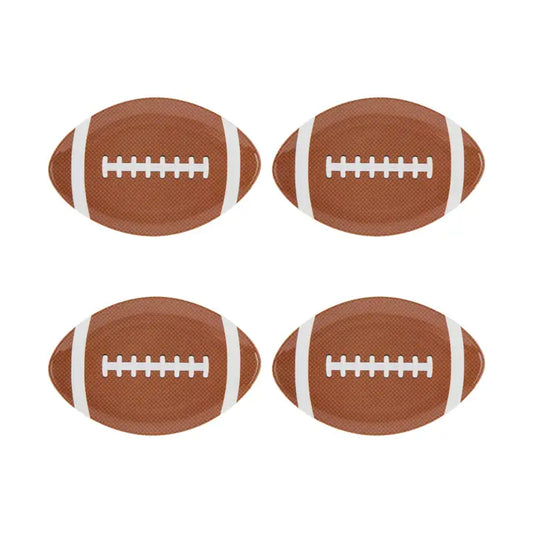 Set of four melamine dishes shaped like American footballs, arranged in a 2x2 grid on a plain white background.