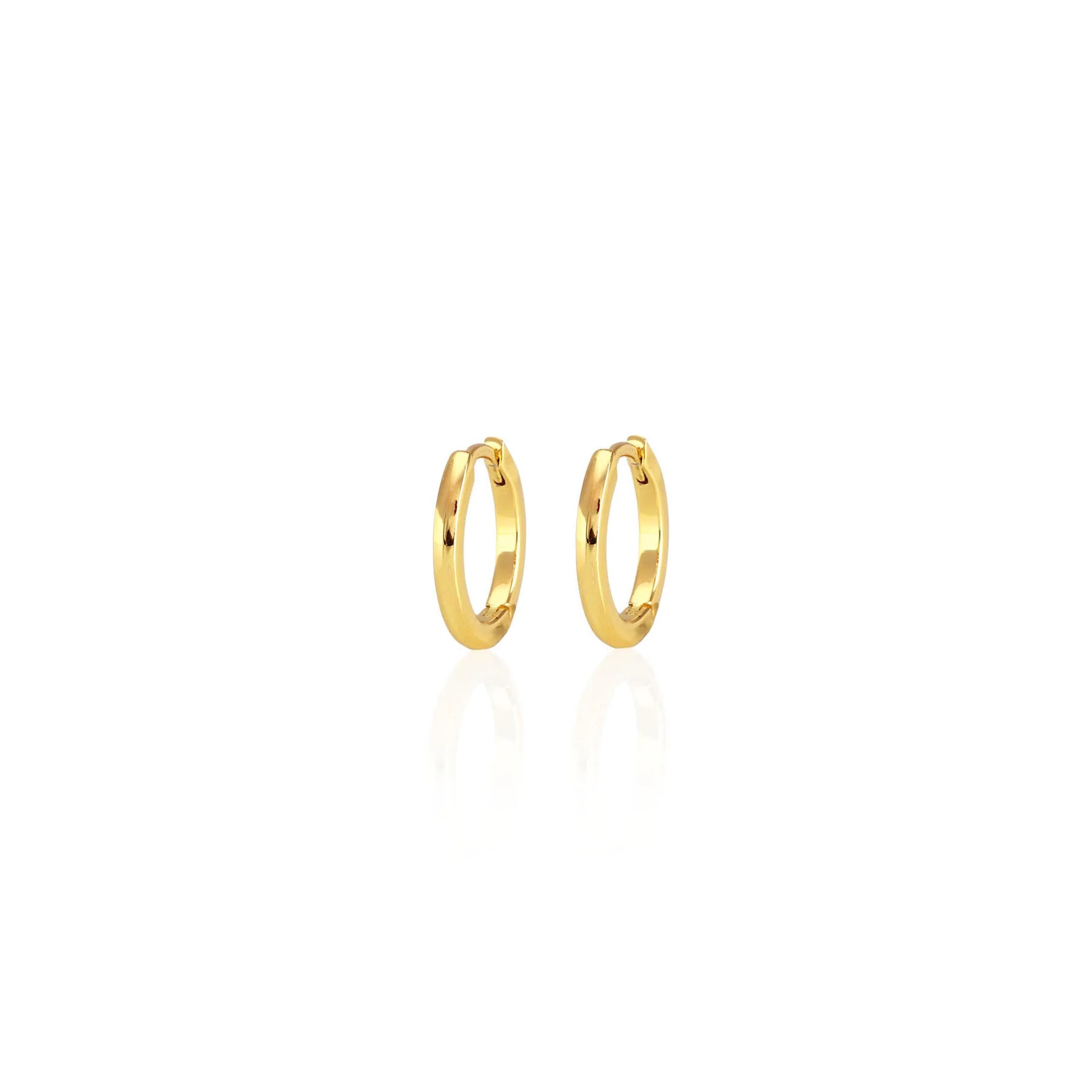 A pair of 12mm diameter gold-colored hoop earrings with a hinge closure.
