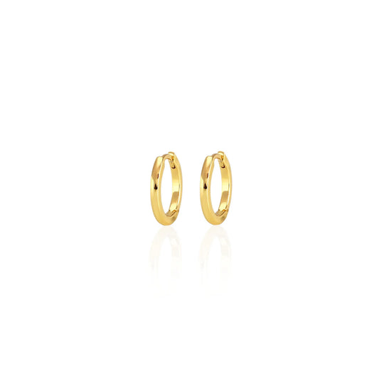A pair of 12mm diameter gold-colored hoop earrings with a hinge closure.