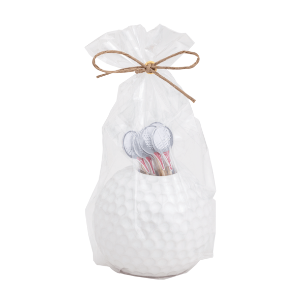 Golf motif toothpick holder with white golf ball shaped ceramic holder and golf ball on tee picks in a clear cello bag tied with twine