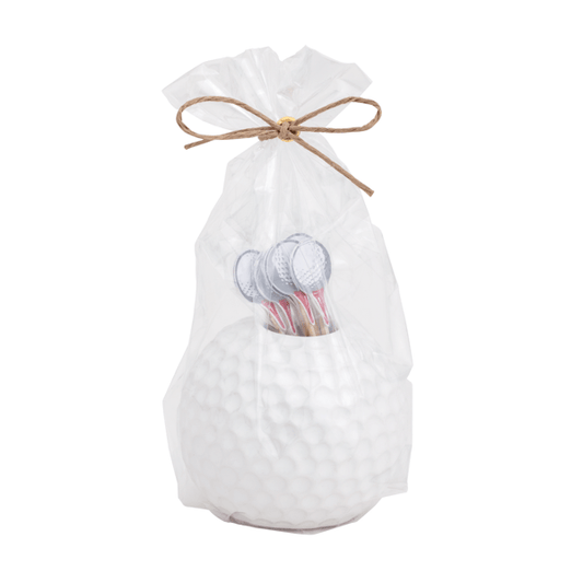 Golf motif toothpick holder with white golf ball shaped ceramic holder and golf ball on tee picks in a clear cello bag tied with twine