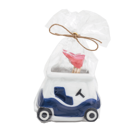 Navy Blue Golf cart shaped ceramic  toothpick holder with red flag picks in a clear cello bag tied with twine