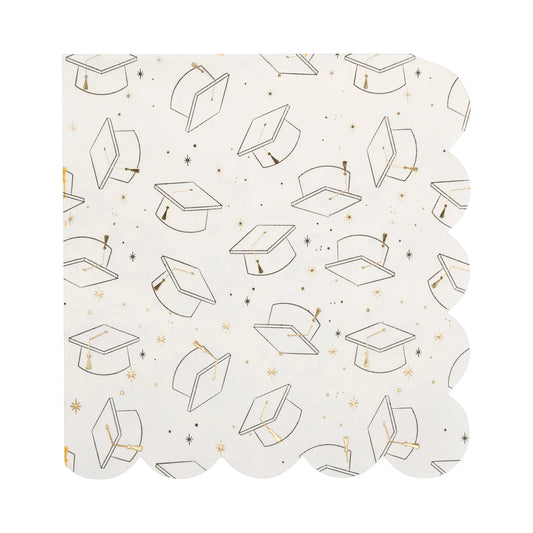 White Cocktail Napkin with scattered images of graduation caps