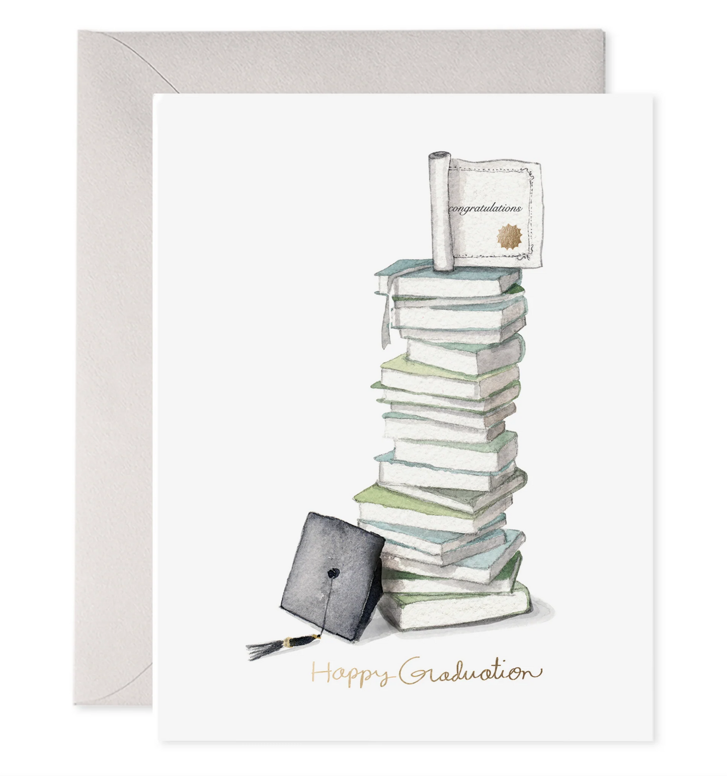 A white card with books stacked tall. A grad cap leaning against books.   Happy Graduations