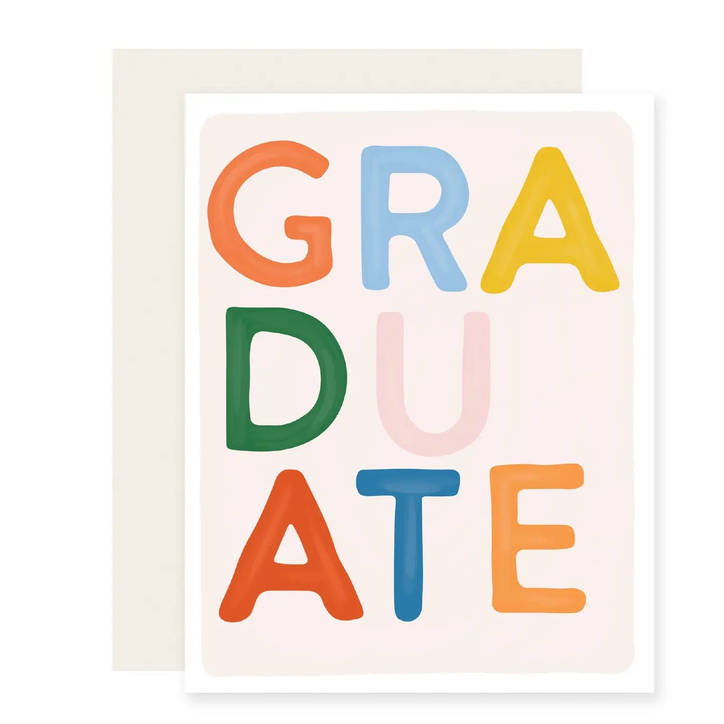 Greeting card with 'GRADUATE' in multi colored text on a white background
