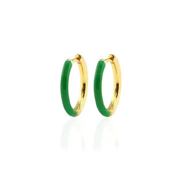 Gold hoop huggie earrings with green enameled on a white background