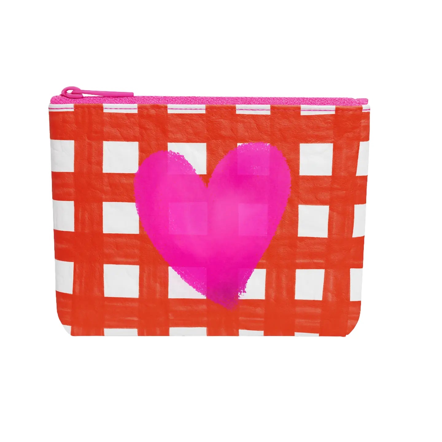 Small pouch with red and white checkered pattern and pink heart on a white background