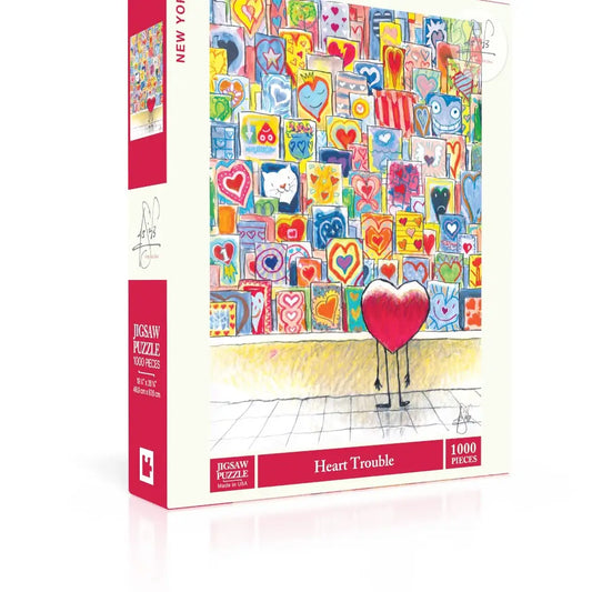 Jigsaw puzzle box with colorful heart-themed design and 'Heart Trouble' text.