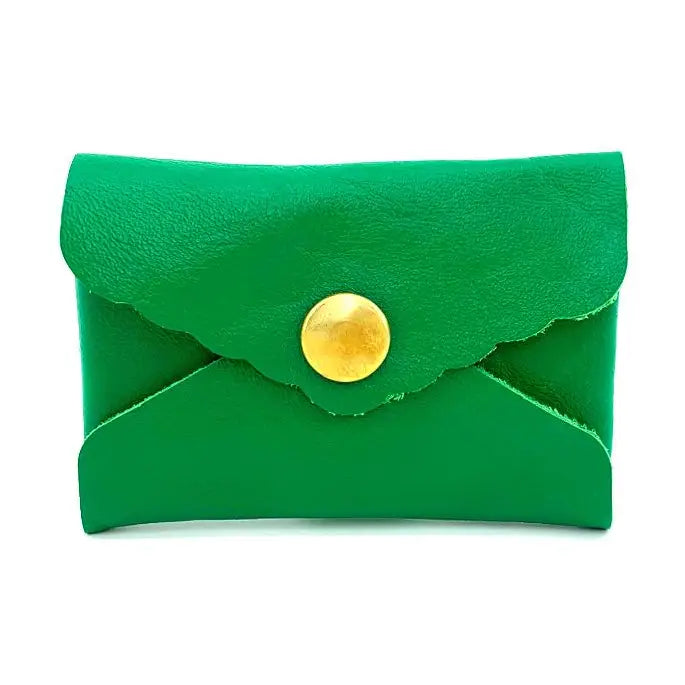 mini leather envelope style wallet in greet with brass snap closure