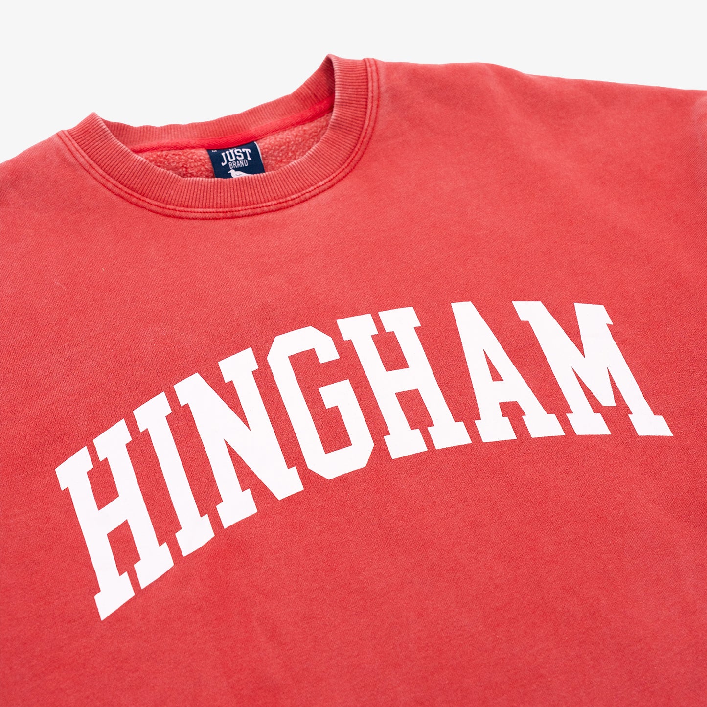 Washed Red crewneck sweatshirt with 'HINGHAM' printed in white on a white background