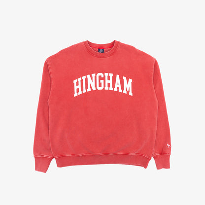 Red sweatshirt with 'HINGHAM' text on a white background