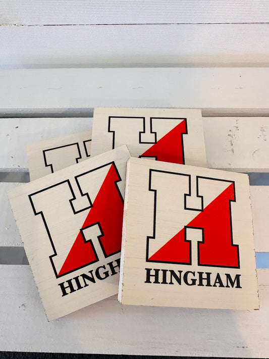 Coasters with white background.  'H' Logo in Black and Red.  Hingham under logo
