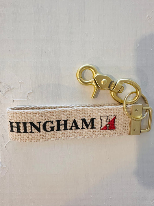 Canvas Key Chain with Hingham in Black and 'H' Logo in Black and Red.  Brass hook