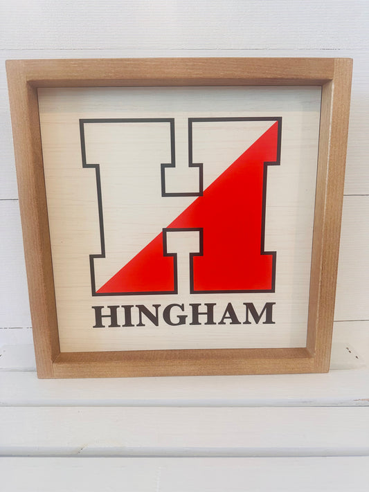 Hingham H Logo Red/Black on a wooden tray.  light wood frame