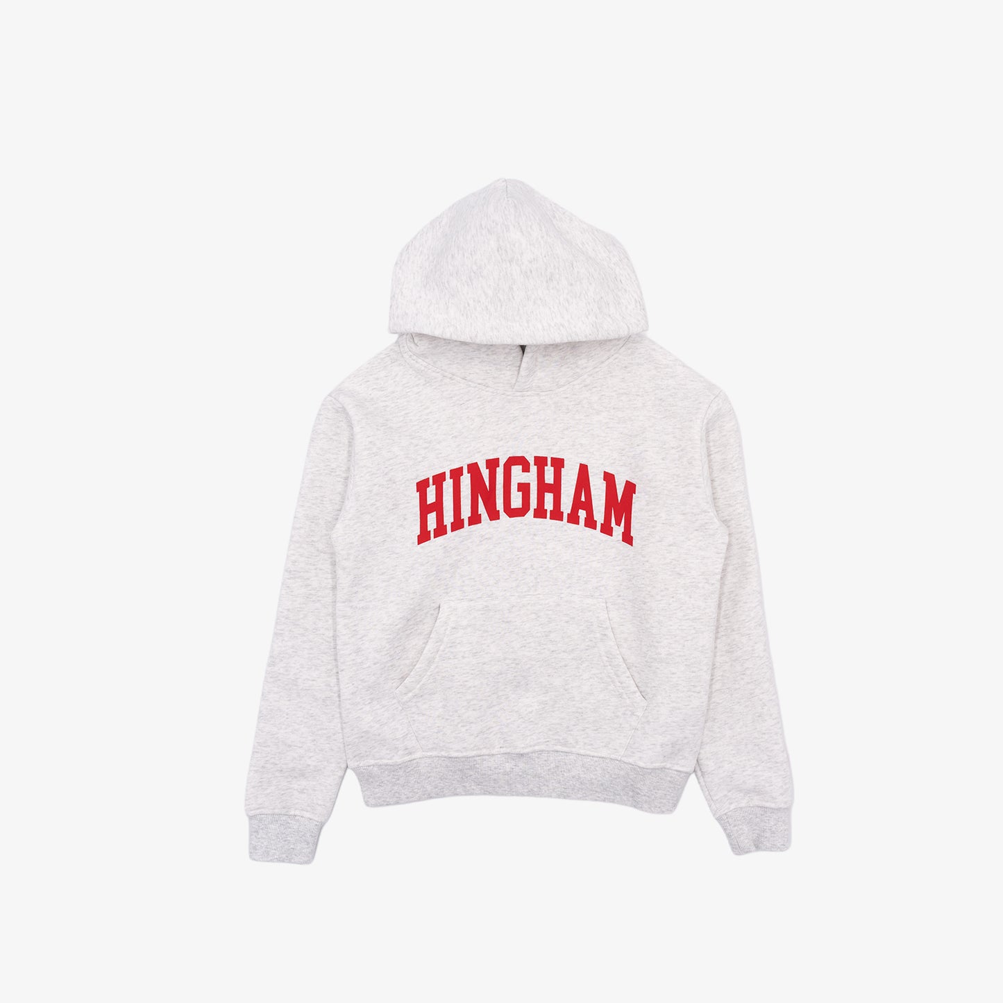 Gray youth hoodie with 'HINGHAM' printed in red on a white background
