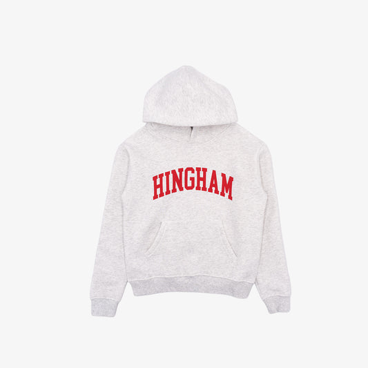 Gray youth hoodie with 'HINGHAM' printed in red on a white background