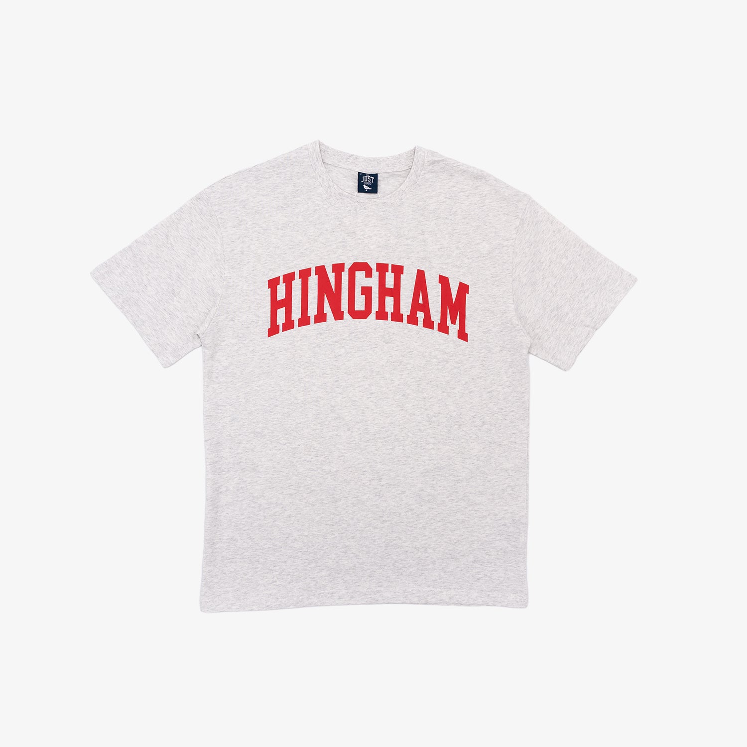 Light Gray  t-shirt with 'HINGHAM' printed in red on a white background