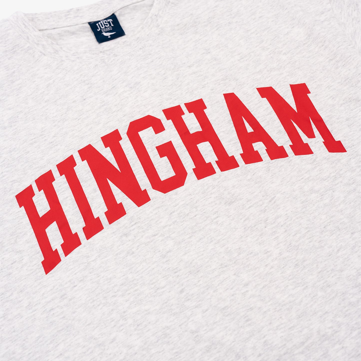 Light Gray t-shirt with red 'HINGHAM' text and a blue Just Brand tag on a white background