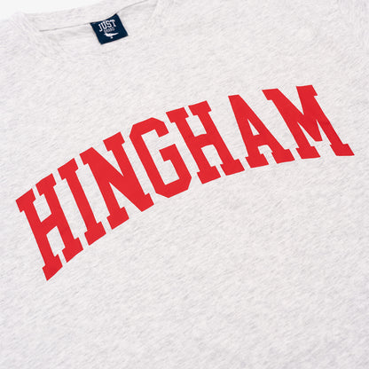 Light Gray t-shirt with red 'HINGHAM' text and a blue Just Brand tag on a white background