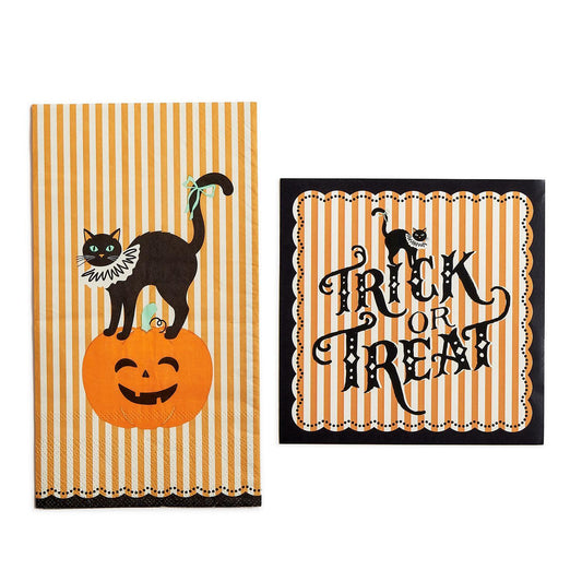 Halloween-themed paper napkins  featuring a vertical striped napkin with a black cat on an orange pumpkin and a square napkin with 'Trick or Treat' lettering on an orange and white striped background with a black border. Sold Separately