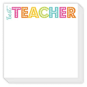 White Notepad with "best" written in blue cursive, and "teacher" written in bright colors.