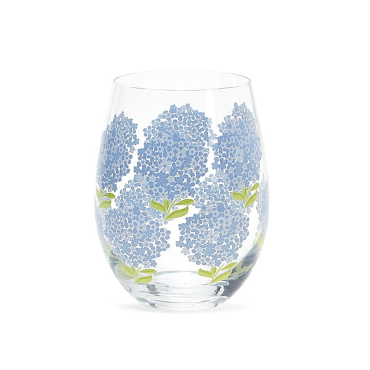Clear wine glass with blue Hydrangeas all over the sides