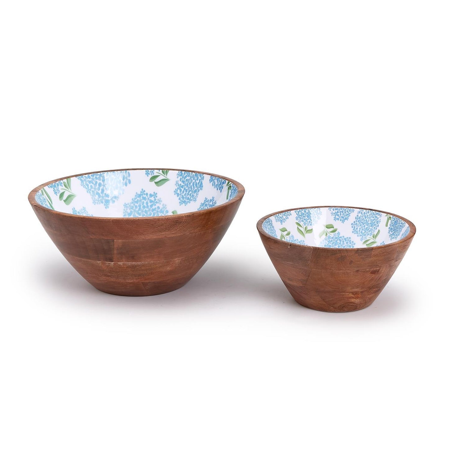 Wooden bowl with blue Hydrangea Flowers in the inside